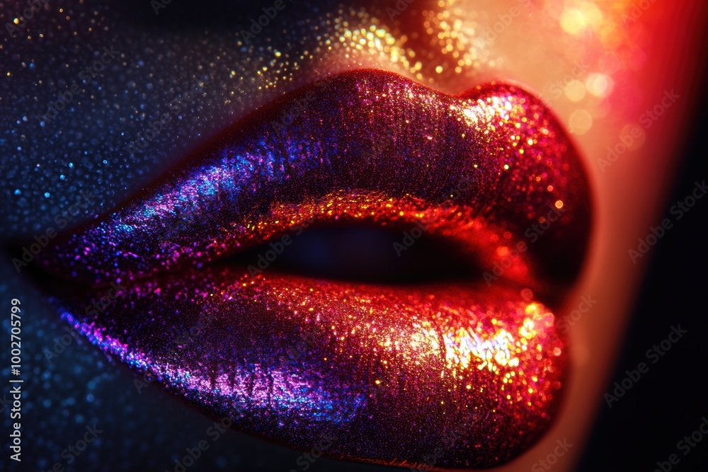 Poster Close-up of vibrant glossy lips with shiny finish showcasing intricate detail and glossy texture in a captivating light arrangement. Generative AI