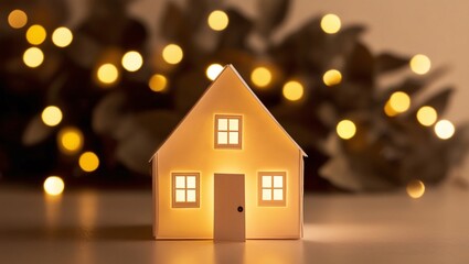 Serene Warm-Toned of Paper-Cut House Model Illuminated from Within, Set Against a Blurred Background of Golden Bokeh Lights and Out-of-Focus Foliage, Evoking Warmth and Coziness