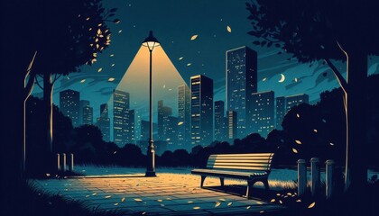 Lo-fi vector art of a quiet urban park at night, with a single bench under a streetlight, leaves scattered on the ground