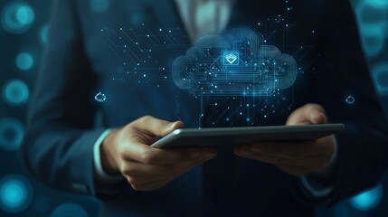 Close up of businessman hands holding tablet with abstract digital cloud circuit on blue background. Cloud computing, server and integrated digital web concept