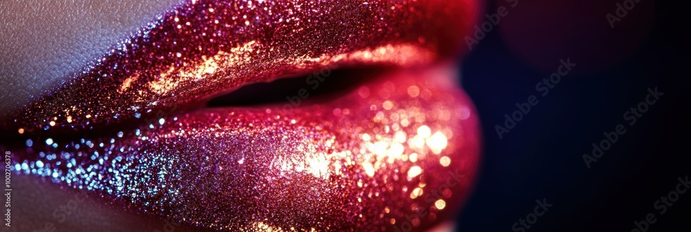 Poster A close-up view of glossy lips reflecting vibrant colors in a dimly lit setting, showcasing their shiny finish and allure. Generative AI