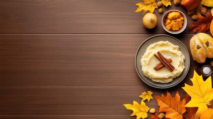 A Thanksgiving dinner background featuring a table set with turkey, mashed potatoes, and fall decorations.