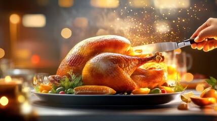 A Thanksgiving dinner background with a close-up of a beautifully roasted turkey being carved.