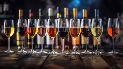 A row of grape wine glass on table