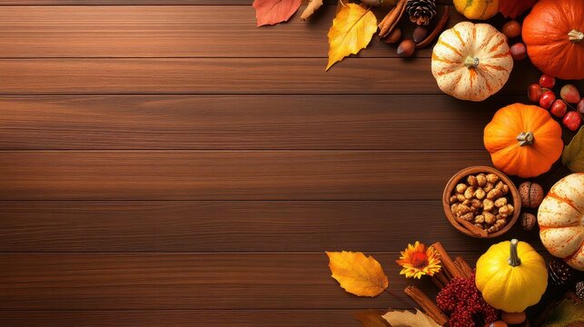 A Thanksgiving dinner background with a rustic farmhouse table filled with food and fall-themed decorations.