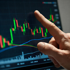 Concept of stock market, hand of businessman is pointing to stock market graph.