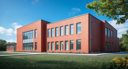 Fototapeta premium Modern red brick school building set against a backdrop of lush greenery and a bright blue sky