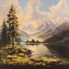 A landscape with lake, sky, mountain