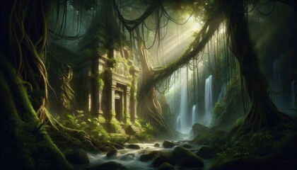 Obraz premium An ancient temple hidden deep in a jungle, with overgrown vines, waterfalls in the background, and shafts of light breaking through the dense canopy