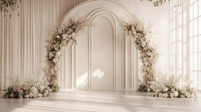 Minimalist Luxury Arch Backdrop with Opulent Floral Decor and Sleek Sophisticated Designs for Elegant Events  The stunning architectural arch frame is adorned with a lush romantic floral arrangement