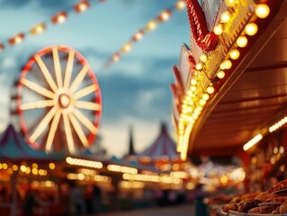 Naklejka premium A vibrant Ferris wheel with glowing lights stands out against a sunset sky at a carnival. Blurred foreground lights add depth.