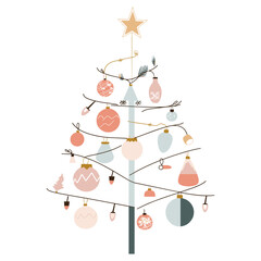 Flat Vector Christmas Tree with Ornaments and Lights