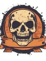 A detailed illustration of a human skull with an orange ribbon banner. The skull has a grin and is surrounded by a black circle with splattered black paint.