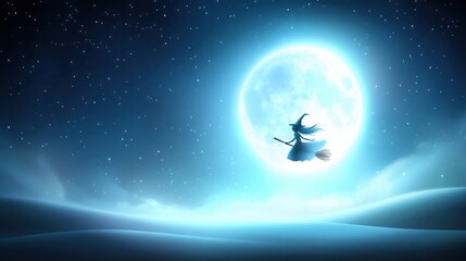 Naklejka premium A witch flying on a broomstick under the full moon, surrounded by stars, in a Halloween clipart style.