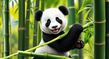 Fototapeta premium Playful baby panda enjoying bamboo in a lush vibrant bamboo environment