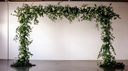 Minimalist Greenery Arch Backdrop with Clean Lines and Natural Foliage  This lush and organic floral arch creates an elegant and serene setting for weddings events or product photography