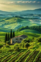 Fototapeta premium Beautiful landscape of grape plantation farm land winery