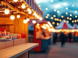 A carnival booth decorated with string lights and candy stands illuminated at twilight, with the fairground atmosphere full of warmth and excitement.