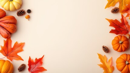 Fototapeta premium Bright Thanksgiving corner border with autumn leaves and small pumpkins creating a vibrant focal point in the bottom right corner.