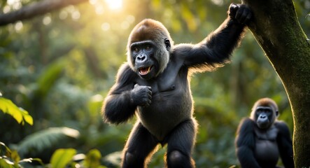 Naklejka premium Playful juvenile gorilla climbing and beating its chest in the golden light of the jungle