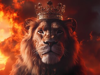 Naklejka premium Majestic Lion Wearing a Crown on a Dramatic Background, Royal and Powerful Animal Art Wallpaper