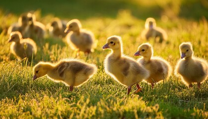 Obraz premium Many geese chicks in a meadow Free range on the farm
