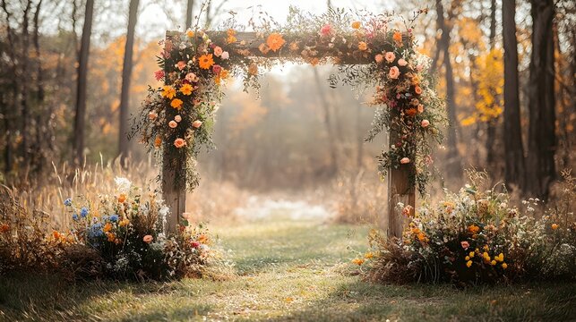 Rustic themed floral arch creating a warm and inviting backdrop for an autumn wedding ceremony  The natural botanical features lush greenery vibrant fall foliage and romantic blooms