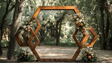 Geometric wooden archway frame with a stylish and modern floral arrangement display in a lush natural outdoor setting  The hexagonal and triangular shapes create an elegant