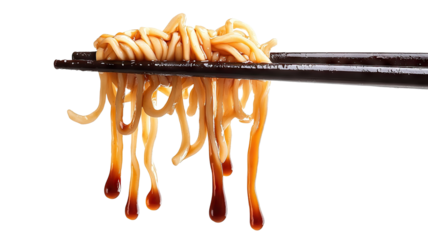 Delicious noodles dripping with soy sauce held by chopsticks, cut out