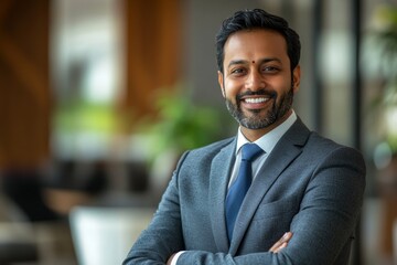 Fototapeta premium Happy indian business man in suit in modern office, Generative AI