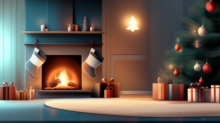 Cozy and inviting Christmas party invitation with illustrations of a warm fireplace, stockings, and presents under a tree, perfect for a family get-together.