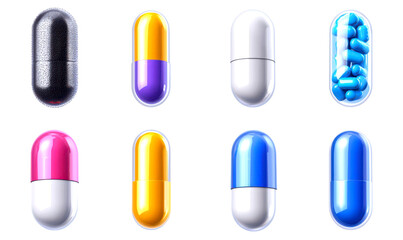 Colorful arrangement of various capsules and pills in different shapes and colors isolate on transparent background, png, cutout