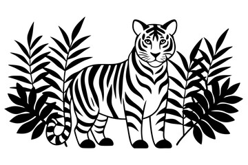 Tiger in Jungle Silhouette Featuring Lush Foliage and Majestic Wildlife