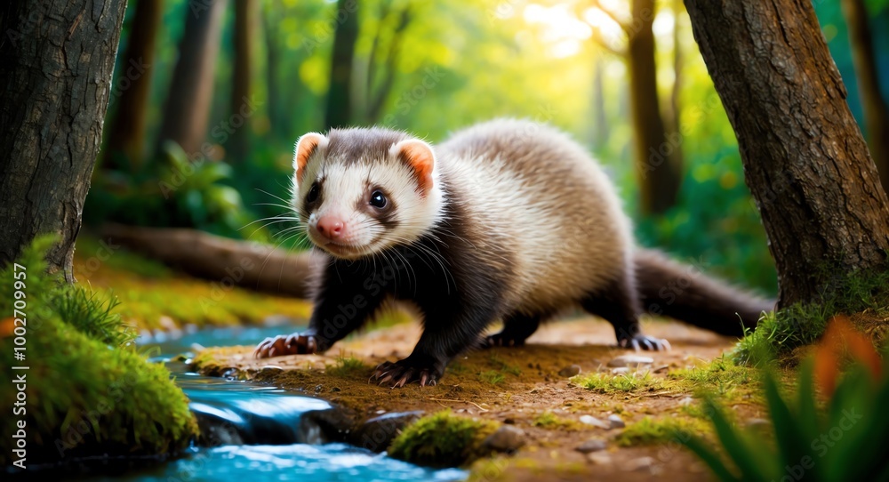 Wall mural shy ferret scurrying through a vibrant forest with a small brook nearby