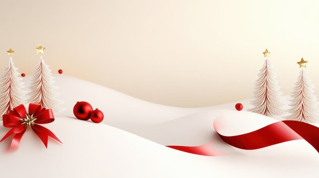 Elegant Christmas party invitation design featuring Christmas trees, stars, and ribbon details on a snowy background, with customizable text fields.