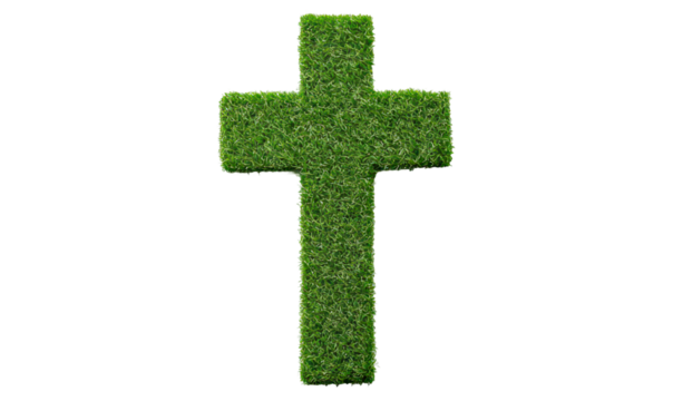 Lush green grass cross symbolizing faith and renewal isolate on transparent background, png, cutout