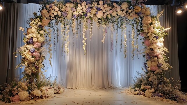 Stunning floral arch backdrop featuring a lavish arrangement of blooming flowers lush foliage and captivating color palette to create an enchanting ambiance for special events weddings and ceremonies