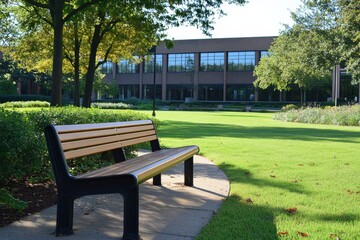 bench trees lawn green park office Modern building complex commercial exterior business architecture campus facility school industrial work workplace corporate university, Generative AI