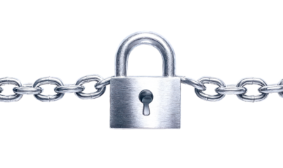 Shiny silver padlock secured on a metal chain isolate on transparent background, png, cutout