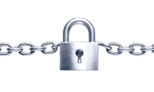 Shiny silver padlock secured on a metal chain isolate on transparent background, png, cutout