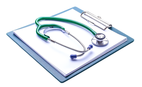 Stethoscope lies on a clipboard with a blank sheet of paper isolate on transparent background, png, cutout