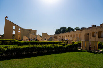 The Jantar Mantar observatory in Jaipur, India, featuring massive astronomical instruments used for celestial calculations and time measurement.