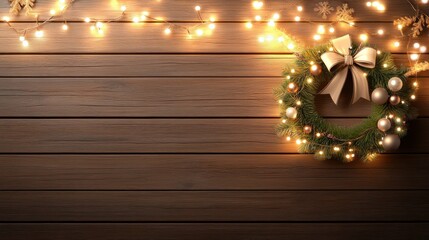 Joyful Christmas party invitation set in a rustic wooden background with festive wreath, ribbons, and holiday lights, conveying warmth and charm.