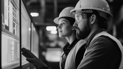 Two professionals in hard hats reviewing data on large screens at a manufacturing facility during the day