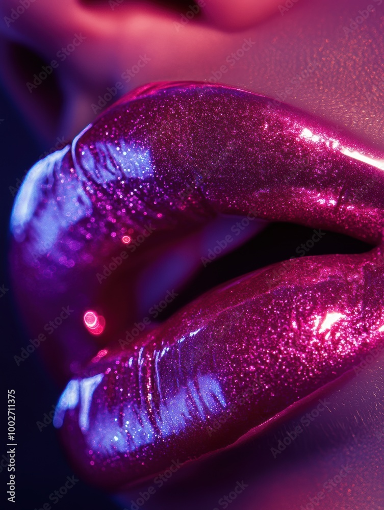 Poster a close-up view of glossy, vibrant lips glistening under soft lighting in a modern beauty setting at