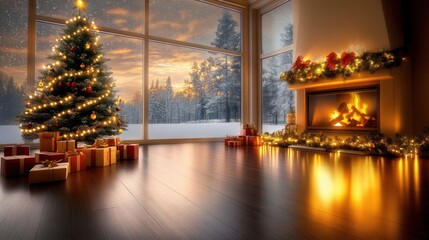 Merry Christmas celebration with a decorated tree, presents, and a warm fireplace in the background.