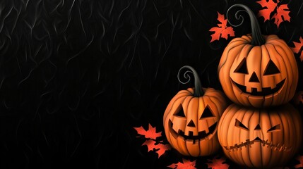 Three carved pumpkins with jack-o-lantern faces sit on a black background with red leaves.