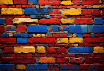 Fototapeta premium close view colorful diverse brick wall textures showcasing various patterns hues unique visual experience, vibrant, red, brown, orange, yellow, green