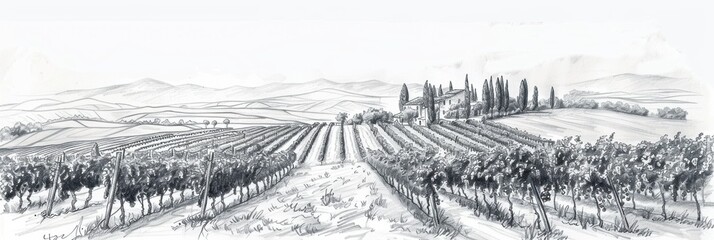 Beautiful landscape of grape plantation farm land winery. Line art drawing