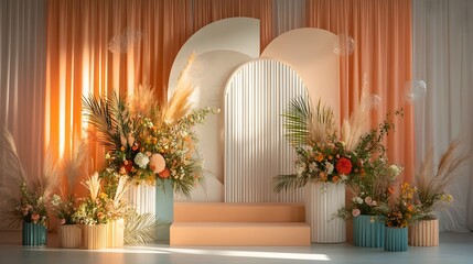 Elegant and modern geometric wedding arch backdrop with lush floral arrangements creating an and luxurious setting for a wedding ceremony or event